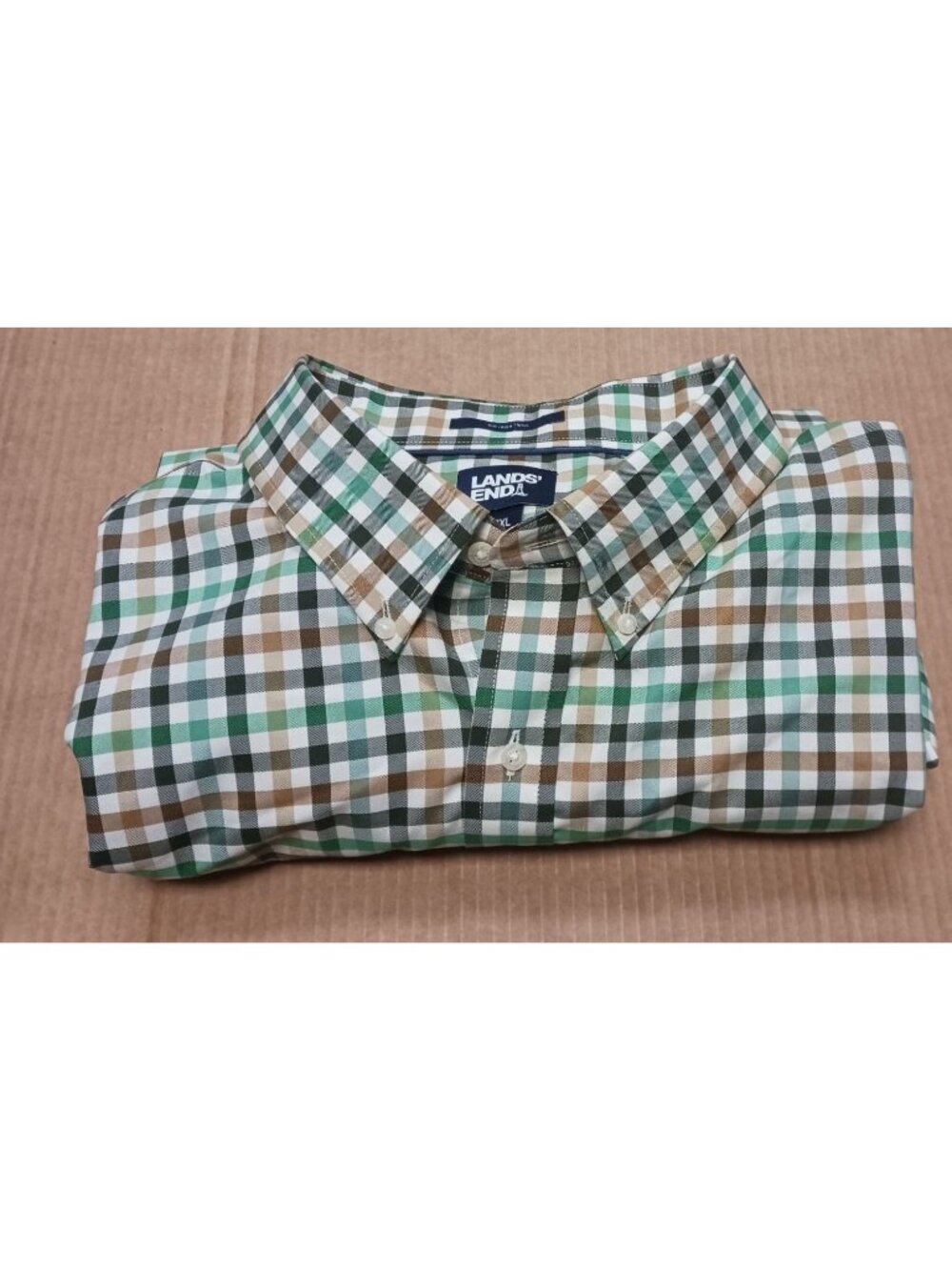 Lands End Men's Long Sleeve Checkered Dress Shirt Size 3XL Green Black Tan White